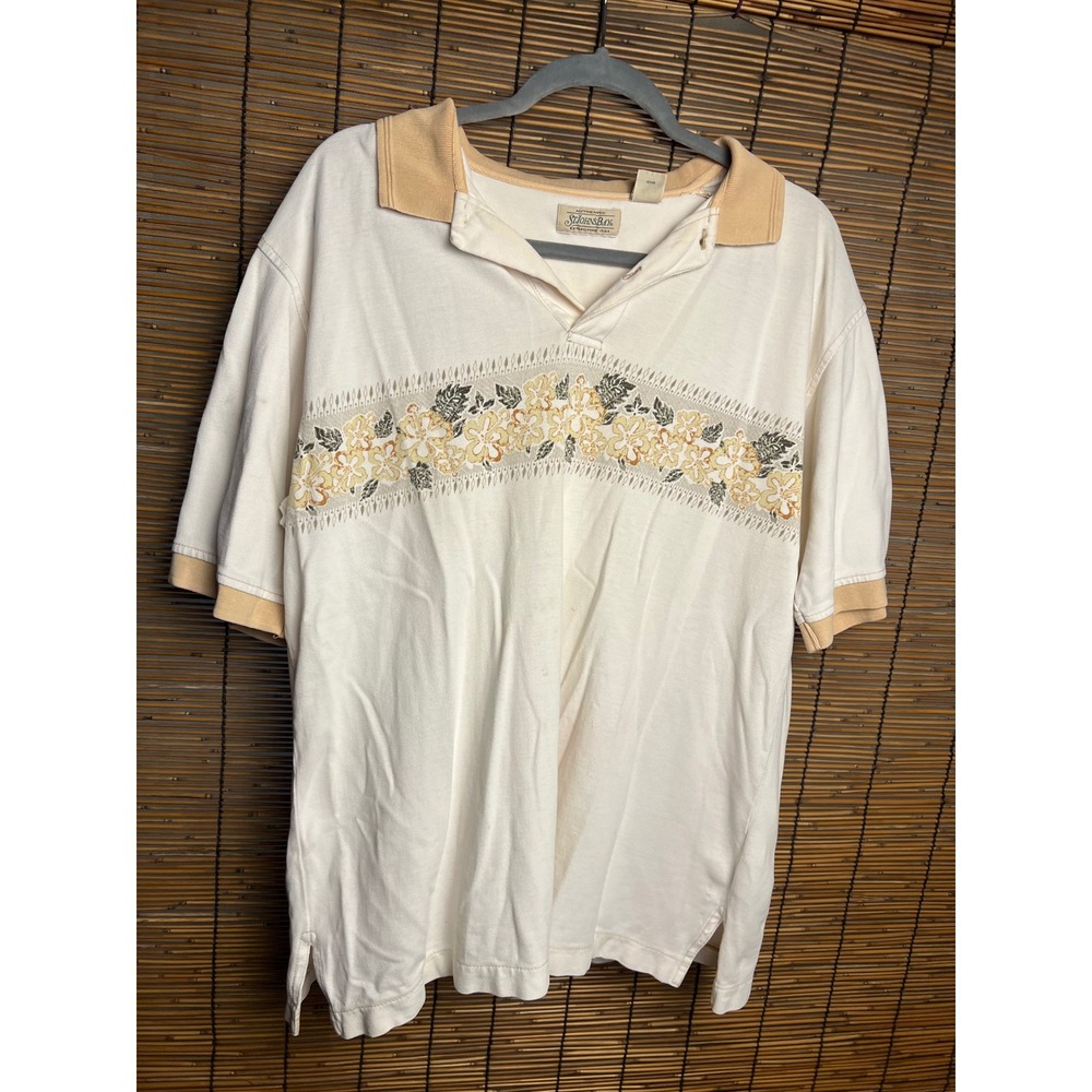 St Johns Bay Mens Large Polo Shirt White Floral Tropical Hibiscus Cotton Pique